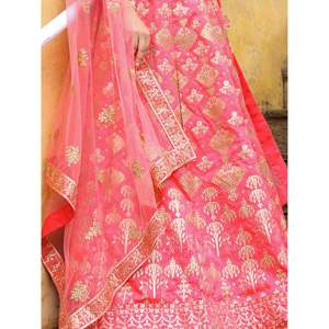 Encantador Peach Bordado Seda Boda Lehenga Choli Con Dupatta - Product Image 2