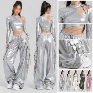 Unisex Stage <b>Dance</b> Two Piece Set Asymmetrical Cutout Long Sleeve Stand-Up Collar <b>Crop</b> <b>Top</b> Wide Leg Cargo Pants Polyester Digital - Product Image 6