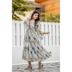 Stylish Georgette Gown with Square Collar and <b>Elastic</b> Waist Daily Wear Breathable Floral Print A-Line Silhouette RV Creation - Product Image 1