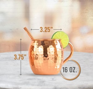 Ensemble de 4 tasses Moscow Mule en cuivre martelé massif de 16 oz avec pailles, faites à la main, non doublées, coffret cadeau 100% cuivre - Product Image 2