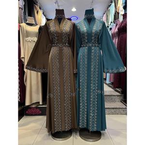 Hot sale Modest Dubai Beaded Sequined <b>Long</b> Sleeve Abaya Muslim Traditional Handmade Wedding Women Polyester Breathable V Neck - Product Image 5