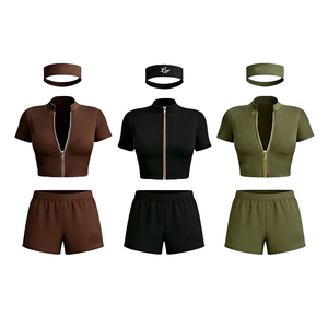 Top Trending Hot Selling Summer Women's Casual <b>Workout</b> Sets Zip Short Sleeve <b>Jacket</b> Shorts 2-Piece Customized Color Logo - Product Image 3