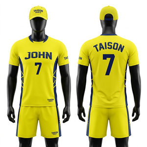 Uniforme de volley-ball pour hommes de qualité supérieure, 165 GSM, polyester respirant, jaune marine, panneaux latéraux stylés, logo personnalisé par sublimation - Product Image 1