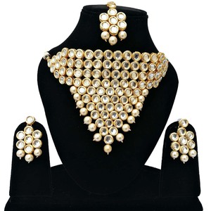 Collier choker indien classique pour femme, pour mariage, fiançailles, anniversaire, fête, vert, cristal traditionnel, Kundan, fausse perle, alliage d'or, cadeau - Product Image 1