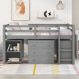 Letto a soppalco completo per bambini con design a studio ribassato, armadietti, scaffali, scrivania portatile con ruote, multifunzione, colore grigio - Product Image 2