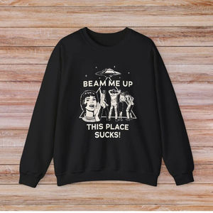 Sweat-shirt unisexe à manches longues 100% coton écologique, motif 'Beam Me This Place Sucks Stranger', 'Alien UFO Abduction', citation rétro, automne - Product Image 2
