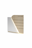 Comptoir de caisse moderne en bois courbé avec panneau d'accentuation LED pour magasin, comptoir de facturation, armoire de rangement personnalisée