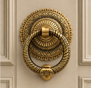 Sonnette de porte Regal Medallion en bronze doré avec plaque arrière gravée de motifs complexes et poignée en corde torsadée pour un style classique - Product Image 3
