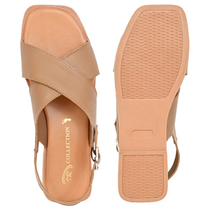 Sandales en cuir véritable marron pour femme – Élégantes sandales plates à bout ouvert avec bride arrière réglable à boucle - Product Image 2