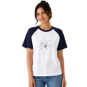 <b>Women</b> <b>White</b> and Navy Raglan T <b>Shirt</b> Cute Bicycle Graphic Print Crew Neck <b>Short</b> <b>Sleeve</b> Cotton Casual Tee Custom OEM ODM Apparel - Product Image 1
