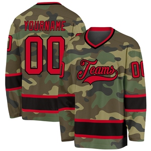 Jersey de Hockey Personalizado al por Mayor, de Alta Calidad, Directo de Fábrica, con Diseño de Camuflaje Rojo y Negro, en Honor al Servicio - Product Image 1