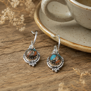 Boucles d'oreilles pendantes en turquoise naturelle, argent sterling 925, faites à la main, style bohème, bijoux en pierres précieuses, cadeau de Noël pour femme - Product Image 4