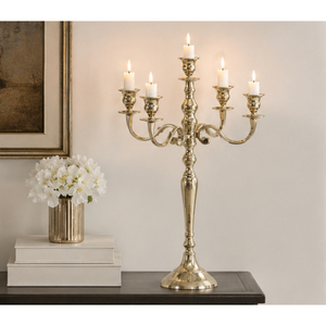 5 Arm Gold Metal Candelabra <b>Tall</b> Wedding Table Centerpiece Vintage Aluminium <b>Candlestick</b> Holder For Hotel Banquet Event Decor - Product Image 4