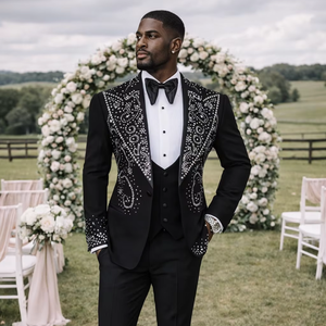 Men’s Black Rhinestone Embroidered Wedding Tuxedo Suit – Designer Slim Fit <b>Blazer</b> with Crystal Detailing for Groom & Party Wear - Product Image 1