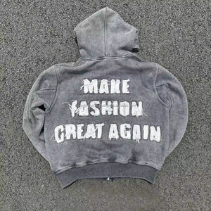 Sudadera con capucha lavada con ácido de algodón pesado para hombre con logotipo personalizado, parche desgastado, bordado, ganchillo, ropa de calle de invierno, patrón estampado - Product Image 2