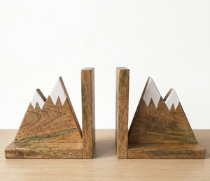 Wooden Mountain <b>Bookends</b> Set Of 2 Rustic Handcrafted Triangle Shape With Snow Cap Design For Bookshelf Decor - Product Image 5