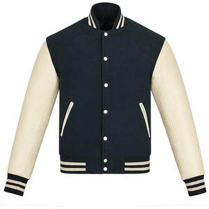 Men's Navy Cream Varsity Jacket <b>Quilted</b> Lining <b>Wool</b> Two Tone Letterman High Neck Collar Custom Label Wholesale Supplier - Product Image 1