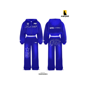 Custom Royal Blue Cropped Hoodie Set | Women <b>Zip</b> <b>Up</b> Tracksuit | OEM Wide Leg Joggers & Hooded Sweatshirt Streetwear Manufacturer - Product Image 1