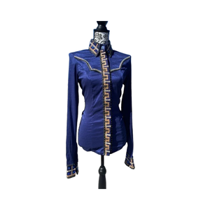 Chemise de spectacle western personnalisée pour femmes bleu marine boutonnée avec paillettes dorées et noires vêtements de rodéo et équestre - Product Image 1