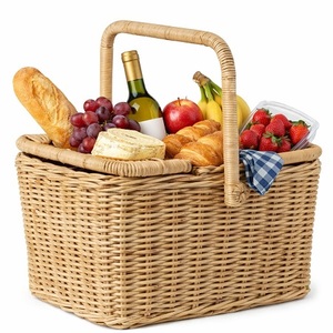 Vintage Wicker <b>Bamboo</b> Wooden Picnic <b>Basket</b> With Handle Rectangle Shape Double Lid Handcrafted Storage <b>Basket</b> For Outdoor Use - Product Image 1