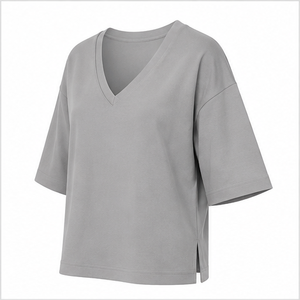 T-shirt pour femme gris clair à col en V et manches coude longues, coupe décontractée WTS-0083 - Product Image 3