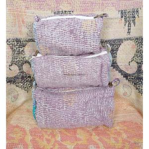 Vintage colorful Kantha Cosmetic 3 Pouch set Zipper Closure Makeup Organizer Bag for Storage patchwork kantha cosmetic pouch set - Product Image 1