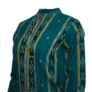 Túnica IKAT, Color Turquesa Intenso con Dorado y Verde Oscuro, 100% Algodón, Cuello Redondo, Manga Larga, Estilo Casual para Mujer, Regalo para Ella - Product Image 2