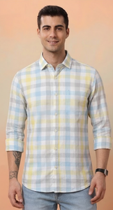 เสื้อเชิ้ตผู้ชาย Enovate สีเหลือง-น้ำเงิน ลายสก็อต ผ้าฝ้ายทอ กระดุมสองแถว แขนยาว ปกคอพับ ระบายอากาศได้ดี สไตล์ฤดูร้อน - Product Image 1