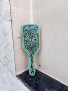 High Quality Handmade Hand Tooled Leather Wooden Hair Brush With Carved Floral Design For Scalp Massage Rectangular Shape - Product Image 1