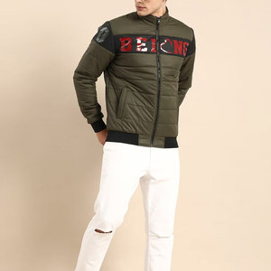 Blouson matelassé vert olive pour homme, col montant, fermeture éclair, imprimé lettres, coupe-vent, style décontracté, rembourrage en polyester - Product Image 3