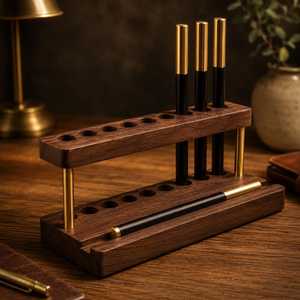 Wooden Single Tier <b>Pen</b> <b>Holder</b> <b>Desk</b> Organizer Brass Accents Rectangle Shape Handmade Minimalist Multi-Purpose Storage Rack <b>for</b> - Product Image 1