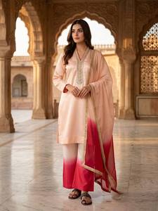 Conjunto de Salwar Kameez de Seda Tradicional Indio-Pakistaní para Mujer, Color Beige Rosa Degradado, Corte Holgado, Largo hasta el Tobillo, Ropa Casual - Product Image 2