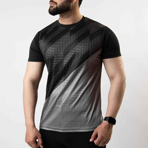 T-shirt à manches courtes pour homme, motif géométrique, col rond, coupe ajustée, séchage rapide, style sportif, impression par sublimation, polyester tricoté - Product Image 6