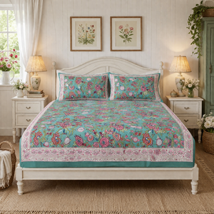 Jaipur 100% Cotton King Flat Bed Sheet 3 <b>PC</b> <b>Set</b> Hand Block Printed Breathable Soft Durable Machine Washable 200TC Floral Design - Product Image 5