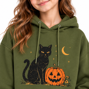 Sweat-shirt à capuche en polaire vert olive pour filles, imprimé chat noir, citrouille et lune, pour Halloween, avec logo personnalisé, décontracté pour enfants - Product Image 2