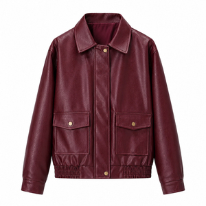 Custom <b>Women's</b> PU Leather <b>Jacket</b> Cropped Bomber Coat Snap Button Flap Pocket Elastic Hem Wholesale - Product Image 4