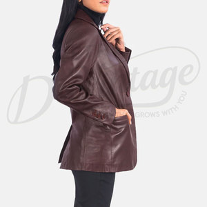 Women <b>Maroon</b> Real Leather Blazer Jacket Slim Fit Premium Sheepskin Formal Casual Business Outerwear Fashionable <b>Coat</b> - Product Image 2