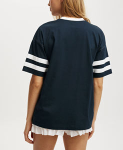 Camiseta de Manga Corta con Cuello en V Azul Marino para Mujer, con Rayas Blancas, Corte Holgado, Estilo Deportivo, de Algodón Jersey, para Primavera/Verano, Venta al Por Mayor - Product Image 5