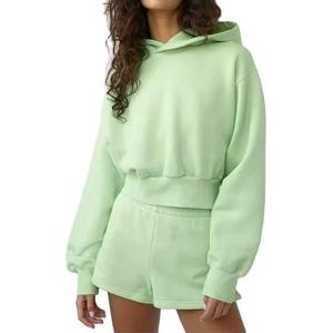 Ensemble de survêtement en coton personnalisé pour femme, avec sweat à capuche court zippé et pantalon de jogging, ensemble deux pièces d'été - Product Image 1