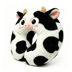 Almohada de cuello de peluche de vaca personalizable, linda y esponjosa, almohada de cuello con estampado de vaca en blanco y negro, almohada de viaje de vaca de peluche suave - Product Image 1