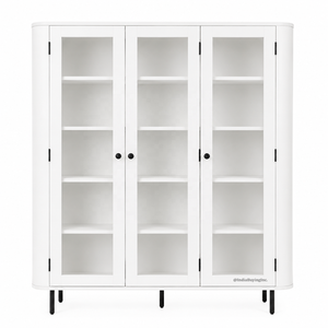 Armoire de présentation à 3 portes en bois de manguier massif avec portes vitrées, étagères et pieds en métal, meuble de rangement moderne - Product Image 1