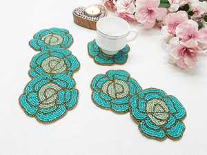 ALI FASHION ART Handmade Beaded Flower Coaster 1 Luxury Style Reusable Eco-Friendly Portable Washable <b>Bar</b> <b>Mats</b> White Gold Mosaic - Product Image 1