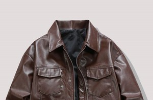 Veste de moto en cuir véritable marron pour homme de haute qualité, fermeture éclair, coupe ajustée, pour l'automne - Product Image 2