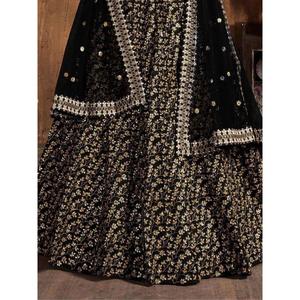 Magnifique Paillettes Noires En Soie Brute Réception Porter Lehenga Choli - Product Image 2