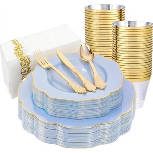 175 pièces de kits de fournitures de fête jetables, assiettes en plastique bleues, couverts dorés et argentés, y compris 50 assiettes en plastique bleu clair et dorées, 25 couteaux - Product Image 1