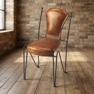 Vintage Brown Leather Dining <b>Chair</b> with Curved Backrest Armless Design <b>Metal</b> Frame <b>Legs</b> Rustic Industrial Accent Seating - Product Image 5