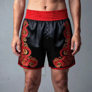 Pantalones Cortos de Muay Thai Negros para Hombre con Bordado de Dragón Rojo y Cintura Elástica, Ropa de Combate de Poliéster Resistente - Product Image 1