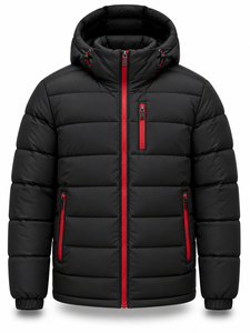 <b>Men's</b> Black Hooded Puffer <b>Jacket</b> with Red Zipper Waterproof Quick Dry Front Logo Winter <b>Casual</b> Regular Length Polyester Wadding - Product Image 1
