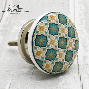 Hand Painted Ceramic and Brass Cabinet Knob Blue White Mosaic Pattern Decorative <b>Drawer</b> <b>Pull</b> Furniture Hardware - Product Image 1