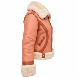 <b>Womens</b> Real Sheepskin Leather Shearling Jacket Peach Cream Plush Fleece Lapel Collar Buckle Strap Cozy Winter Outerwear <b>Coat</b> - Product Image 3